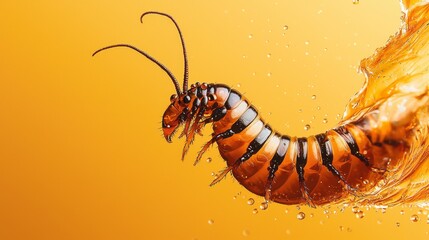 Naklejka premium A tight shot of a caterpillar against a sunlit yellow backdrop, with water droplets cascading down its spine