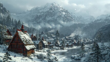 A tranquil winter village nestled by a river with snow-covered mountains in the background at dawn. Generative AI