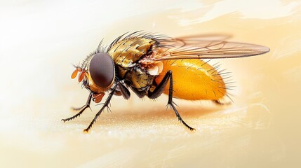 Obraz premium A fly up close against white and yellow background, blur effect on its face or Close-up of a fly on white and yellow background with a blurred face