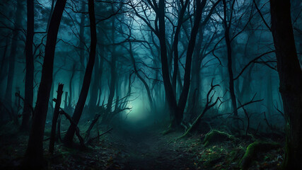 Dark Forest Halloween Creepy Forest Landscapes with Fog, Twisted Trees & Shadowy Figures for Eerie Scenes.