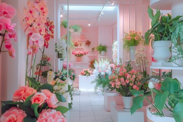 Minimalistic floral stand displaying pastel-colored bouquets in a modern flower shop