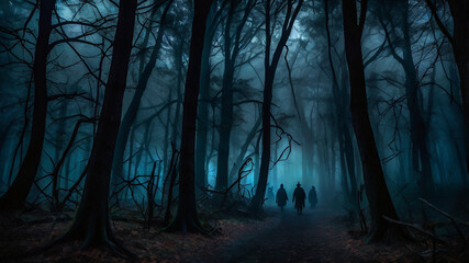 Dark Forest Halloween Creepy Forest Landscapes with Fog, Twisted Trees & Shadowy Figures for Eerie Scenes.