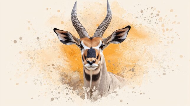  An antelope's head depicted in a painting, adorned with watercolor splashes along its side