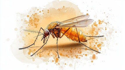  A tight shot of a mosquito against a white backdrop, adorned with watercolor paint splatters behind