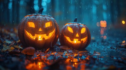 Glowing carved pumpkins illuminate a rainy forest path during a spooky Halloween night celebration. Generative AI