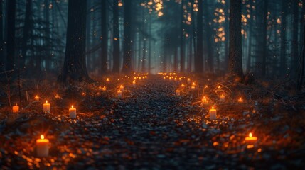 Naklejka premium A mystical forest path illuminated by flickering candles on a serene evening in autumn. Generative AI