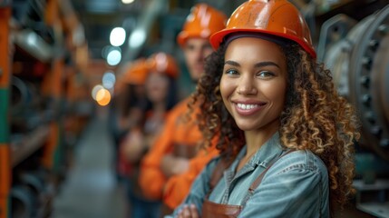 A confident woman in a hard hat smiles in an industrial setting with fellow workers in the background. Generative AI