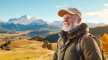 Naklejka premium Senior Man Hiking in Stunning Mountain Landscape