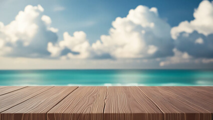 Fototapeta premium Empty wooden table top with sea and sky background blurred, good for product display
