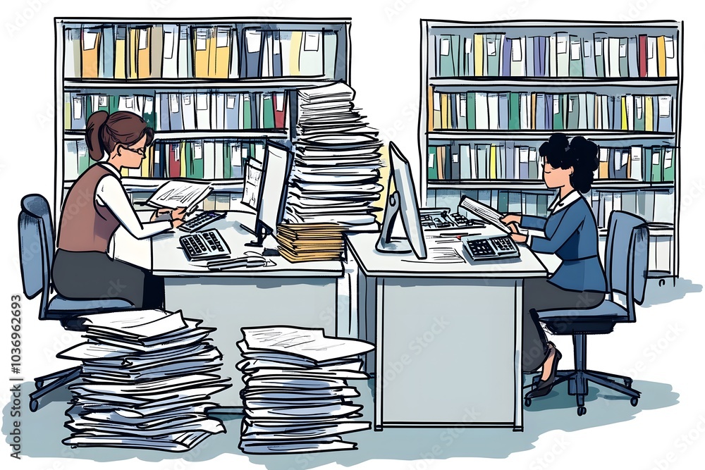 Aufkleber two office workers with stacks of papers and computers
