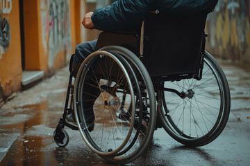Obraz premium An image of a person in a wheelchair, symbolizing inclusiveness, represents the values of equality, accessibility, and the celebration of diversit