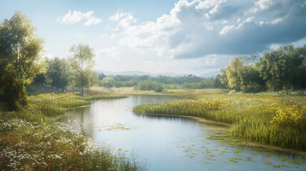 Fototapeta premium A tranquil river winding through a wetland area, rich in biodiversity and wildlife.