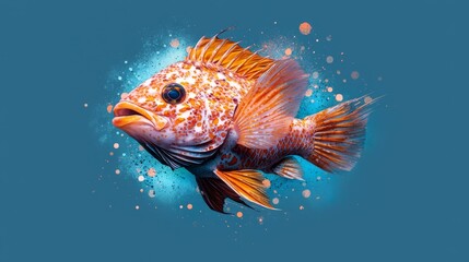 Fototapeta premium A goldfish in tight focus against a backdrop of blue, surrounded by circles of water bubbles above and below
