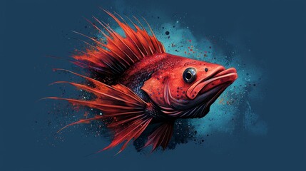 Fototapeta premium A red fish, tightly framed, against a blue backdrop with paint splatters adorning its sides