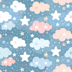A whimsical night sky filled with star-shaped clouds and pastel hues, seamless design