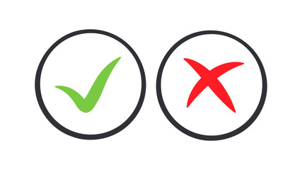 Vector mark icon button set. Right and wrong buttons. Accept or decline buttons. Minimalistic symbols. 