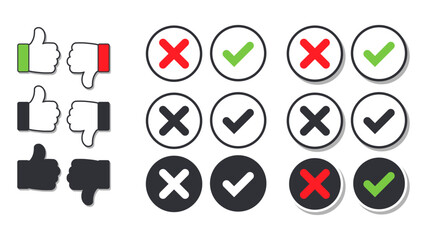 Like or dislike button. Yes or no. Accept or decline set icons and symbols. Flat style design.