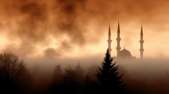 a mosque in the fog with trees in the background