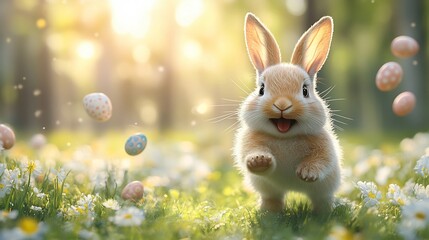 Running happy Easter bunny eggs flying everywhere Space for text