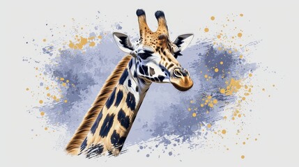  A tight shot of a giraffe's head adorned with paint splatters at its back