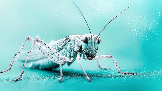  A macropterous grasshopper up close against a blue-green backdrop, surrounded by water bubbles in the foreground