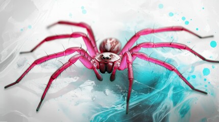  A tight shot of a pink spider on a pristine white background Its back legs display blue and black spots