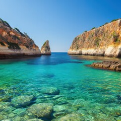 Fototapeta premium Clear Turquoise Waters Surrounded by Rocky Cliffs