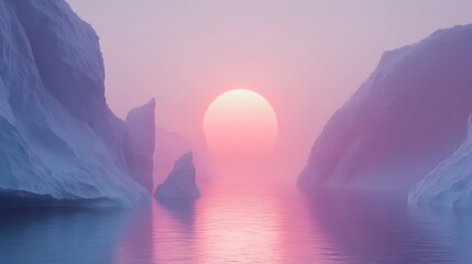 Minimal abstract background with cliffs and water in a futuristic landscape glowing in the soft light of sunrise in 3D render