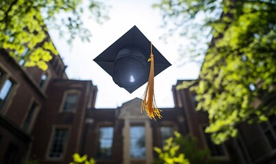 A black graduation cap with a gold tassel thrown in the air in front of a brick building with green trees.