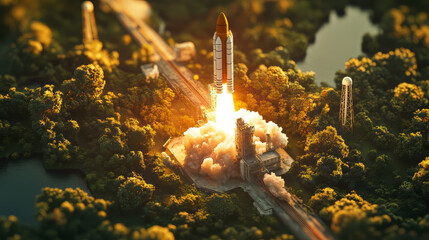 space rocket lifts off from launch pad, surrounded by lush greenery, with vibrant flames and smoke creating dramatic scene. sunlight enhances vivid colors