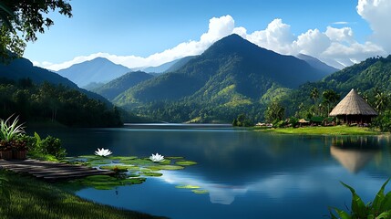 Obraz premium Tranquil Mountain Lake With Lush Greenery And Water Lilies