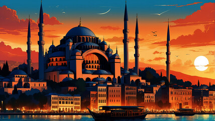 Fototapeta premium A painting of a mosque with a boat and a boat on the water.