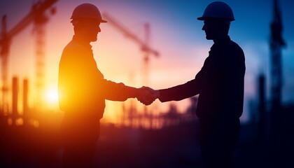Two construction workers shake hands against a sunset backdrop, symbolizing collaboration and partnership in the construction industry.