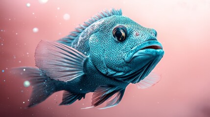 Fototapeta premium A tight shot of a blue fish against a pink background, adorned with bubbles along its sides and atop its back