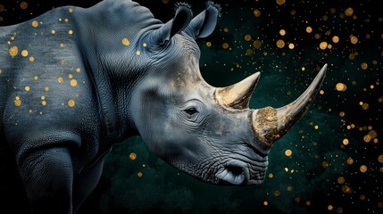  A rhino's face, closely framed against a black backdrop, adorned with golden spots on its skin