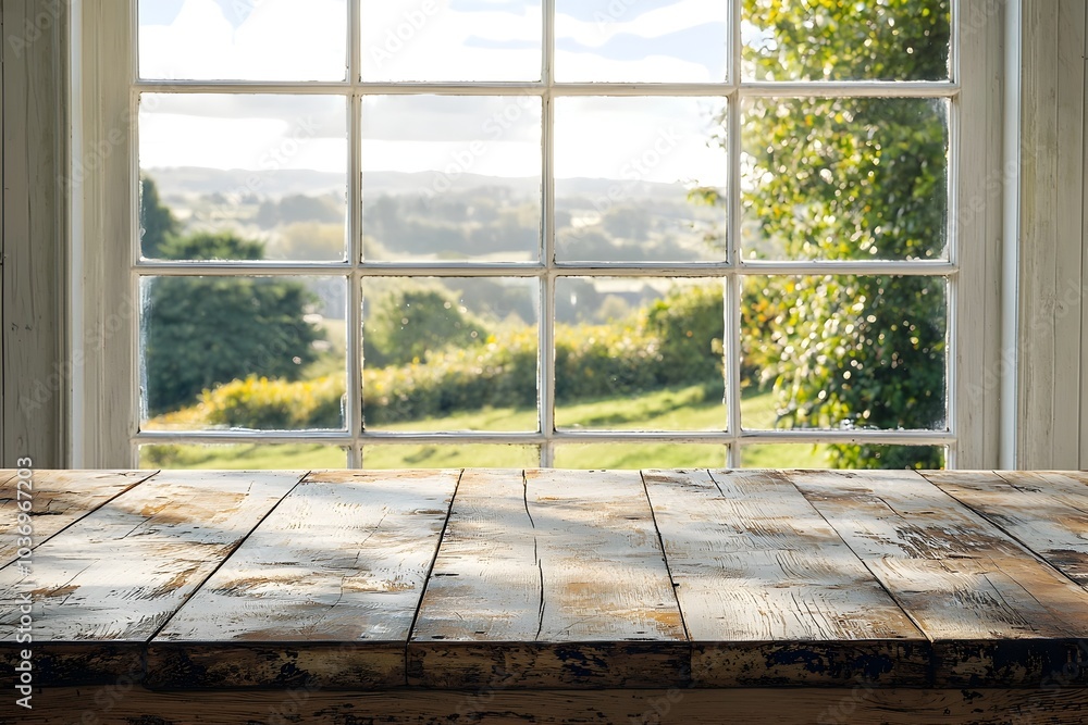 Poster empty rustic wooden table in front of countryside landscape window for product display concept