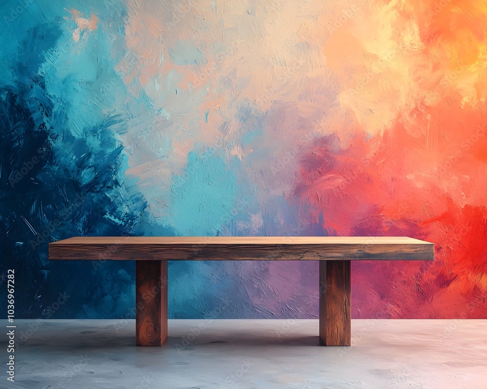 Poster Polished Wooden Table with Abstract Art Background for High End Product Display