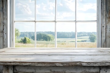 Rustic Distressed Wooden Table in Front of Countryside Landscape Window Ideal for Product Display