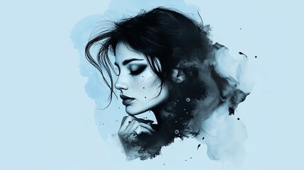 Fototapeta premium A watercolor portrait of a woman touching her chin with one hand and supporting her jaw with the other