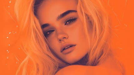 Fototapeta premium Close-up of a woman with long blonde hair and applied eyeshadow against an orange background