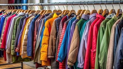 Assorted jackets and coats of different styles, colors, and sizes hang neatly on a rack, encouraging charitable donations for a clothing drive initiative.