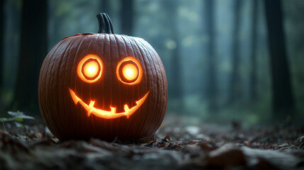 glowing carved pumpkin with cheerful face sits in misty forest, surrounded by fallen leaves. warm light from its eyes creates whimsical atmosphere perfect for Halloween