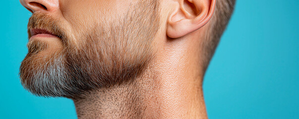 Obraz premium Close up image of mans face showcasing well groomed beard and neck against vibrant blue background, highlighting texture and details of facial hair