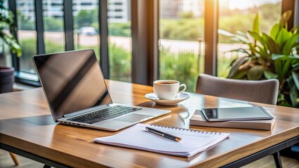 A modern workspace setup showcasing a laptop and desk with scattered papers, pens, and a cup of coffee, highlighting a sense of intense concentration.