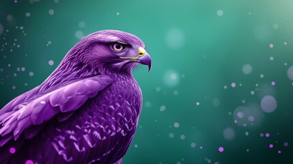 Obraz premium A tight shot of a purple bird against a backdrop of blue and green, featuring water droplets in the foreground