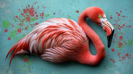 Obraz premium A tight shot of a pink flamingo against a blue backdrop, adorned with random paint splatters, features a vibrant green eye