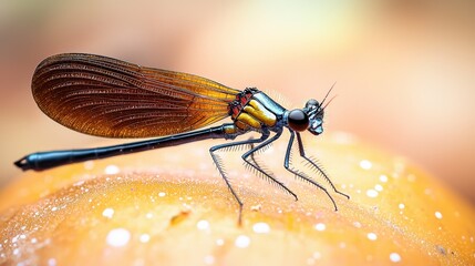 Naklejka premium A tight shot of a bug perched on an orange, its back legs and wings dotted with water droplets