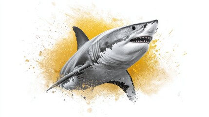  A monochrome image of a Great White Shark exhibiting yellow discoloration on its face and mouth