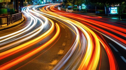 Colorful Light Trails on Busy City Street at Night