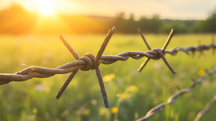 Close-up of rusty barbed wire fence with blurred sunset and green field in the background.